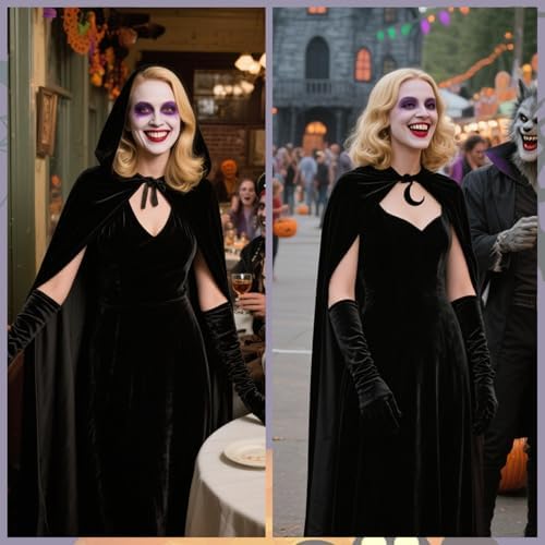 Vampir Kostüm Herren Schwarz Horror Samt Umhang Mit Kapuze, Halloween Karneval Kostüm für Erwachsene, 170cm Lang Schwarz