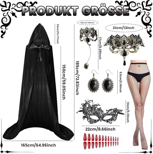 Black Cape with Hood Set, 170cm Silberhaar Cape for Women with Lace Mask & Gothic Accessories, Medieval Vampire Cape for