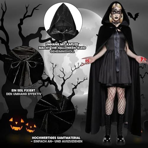 Black Cape with Hood Set, 170cm Silberhaar Cape for Women with Lace Mask & Gothic Accessories, Medieval Vampire Cape for