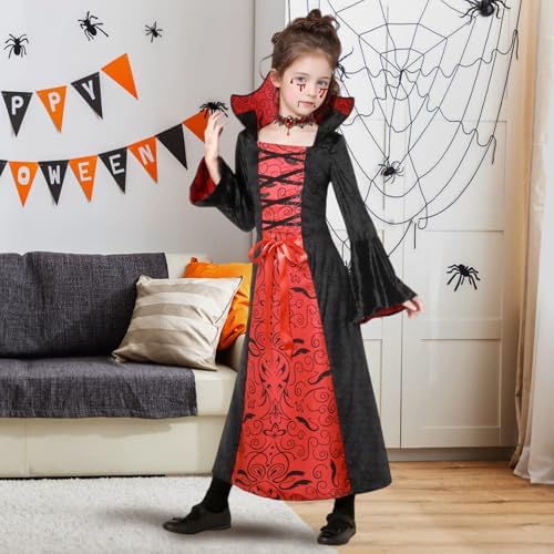  **Vampir Kostüm Kinder Gothic Kleid Halloween Set**
| **Gothic Vampire Kostüm Mädchen mit Halskette für Horror Party**

