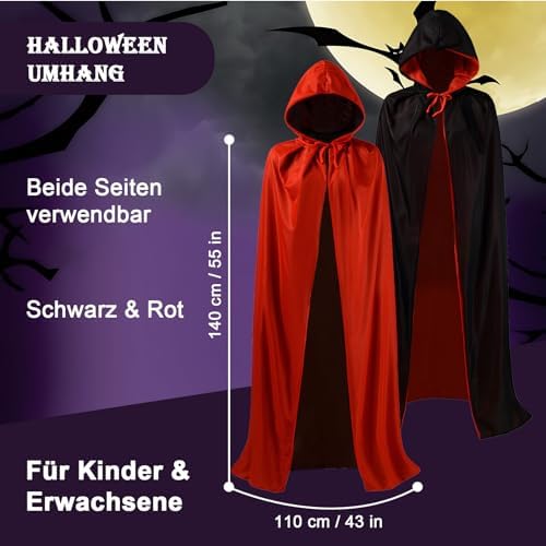  Halloween Kostüm Vampir Umhang für Erwachsene
| Gruselig Vampirumhang für Karneval und Fasching
| Beidseitig Rot & Schw