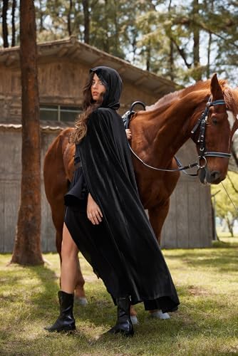 SCARLET DARKNESS Damen Maxi Samt Kapuzenumhang für Mittelalter-Themen mit großem Umhangsauschnitt und Passform 140x200cm