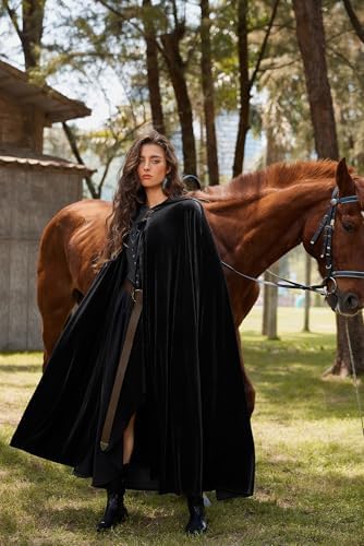 SCARLET DARKNESS Damen Maxi Samt Kapuzenumhang für Mittelalter-Themen mit großem Umhangsauschnitt und Passform 140x200cm