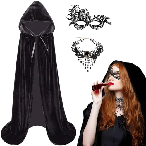 Halloween Umhang Damen Schwarz Capemantel 140/150cm + Maske & Halskette für Karneval Cosplay Party Maskerade